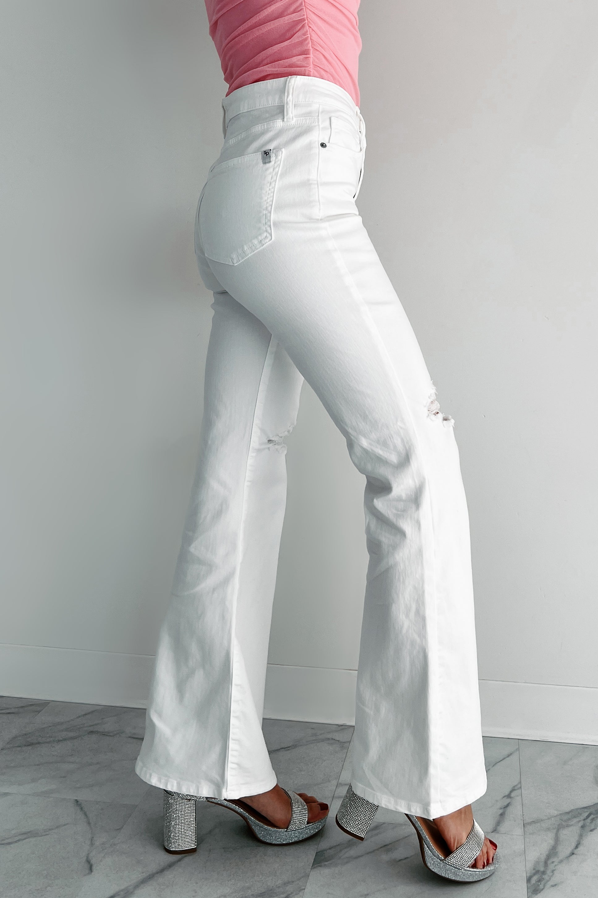 Maureen Special A High Rise Distressed Flare Jeans (White)