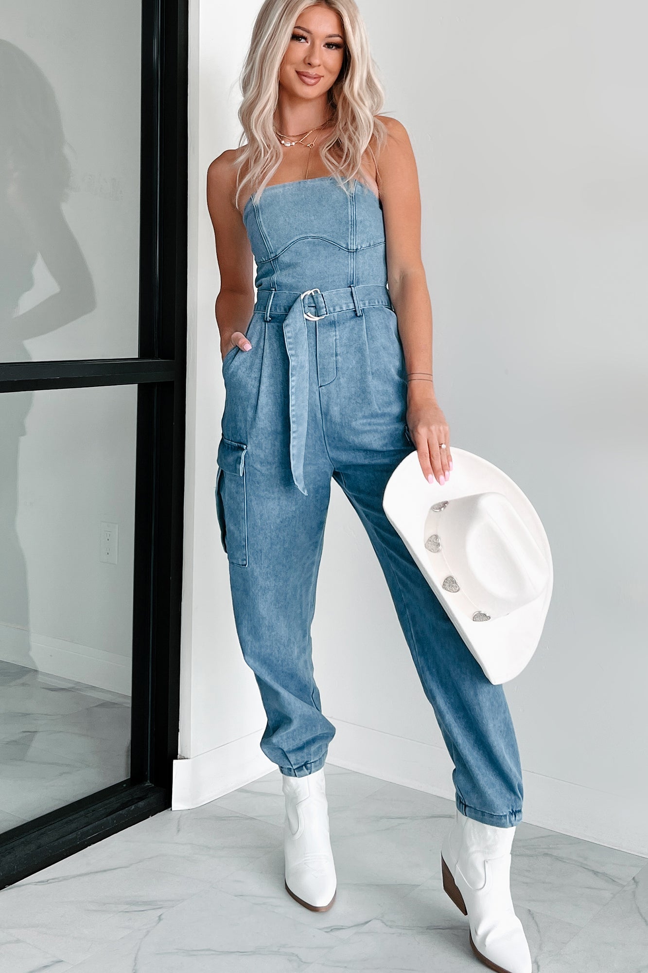 Ignite Your Passion Denim Cargo Jumpsuit (Denim)