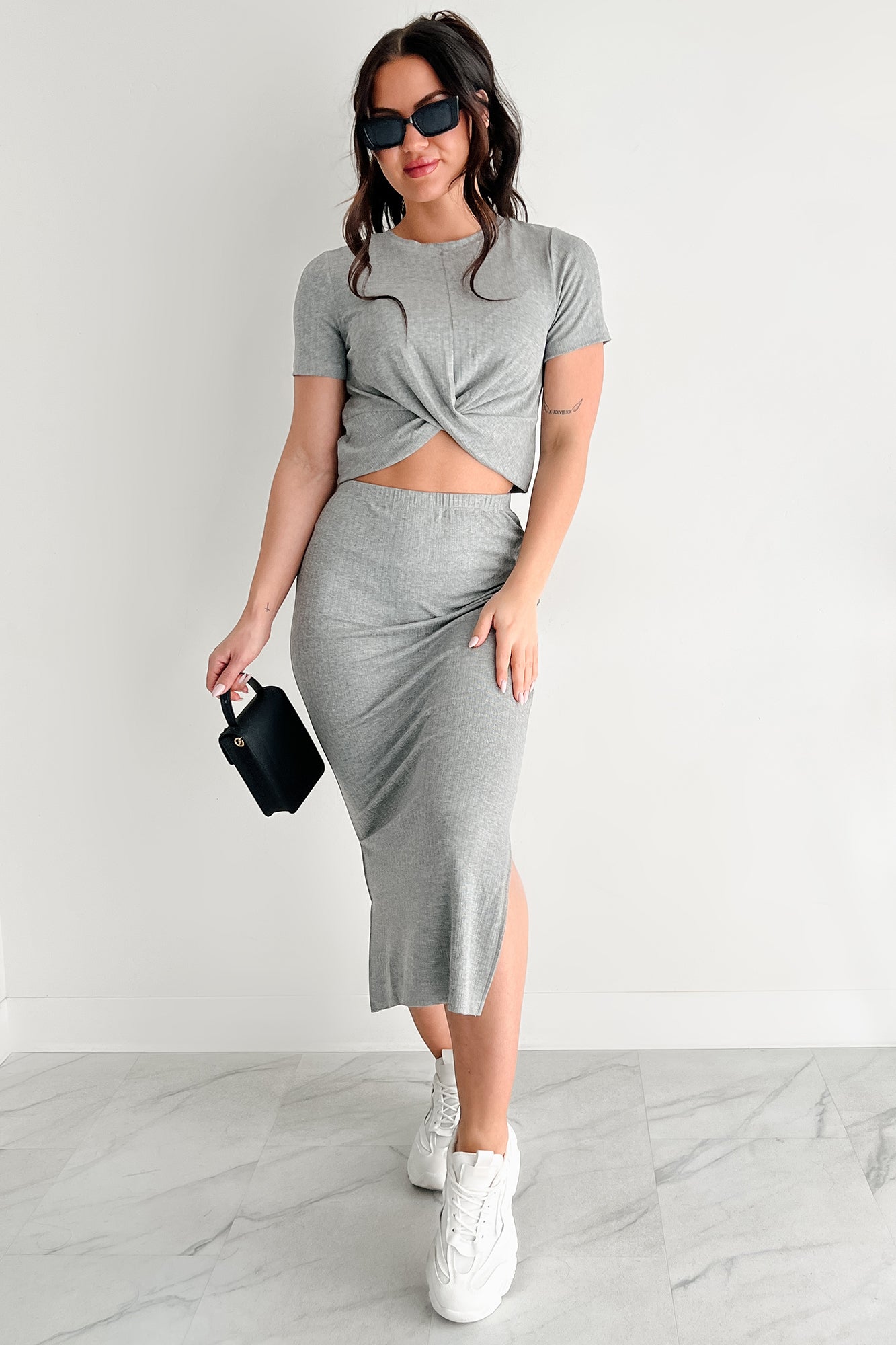 Sweeter With Time Crop Top & Skirt Set (Grey)