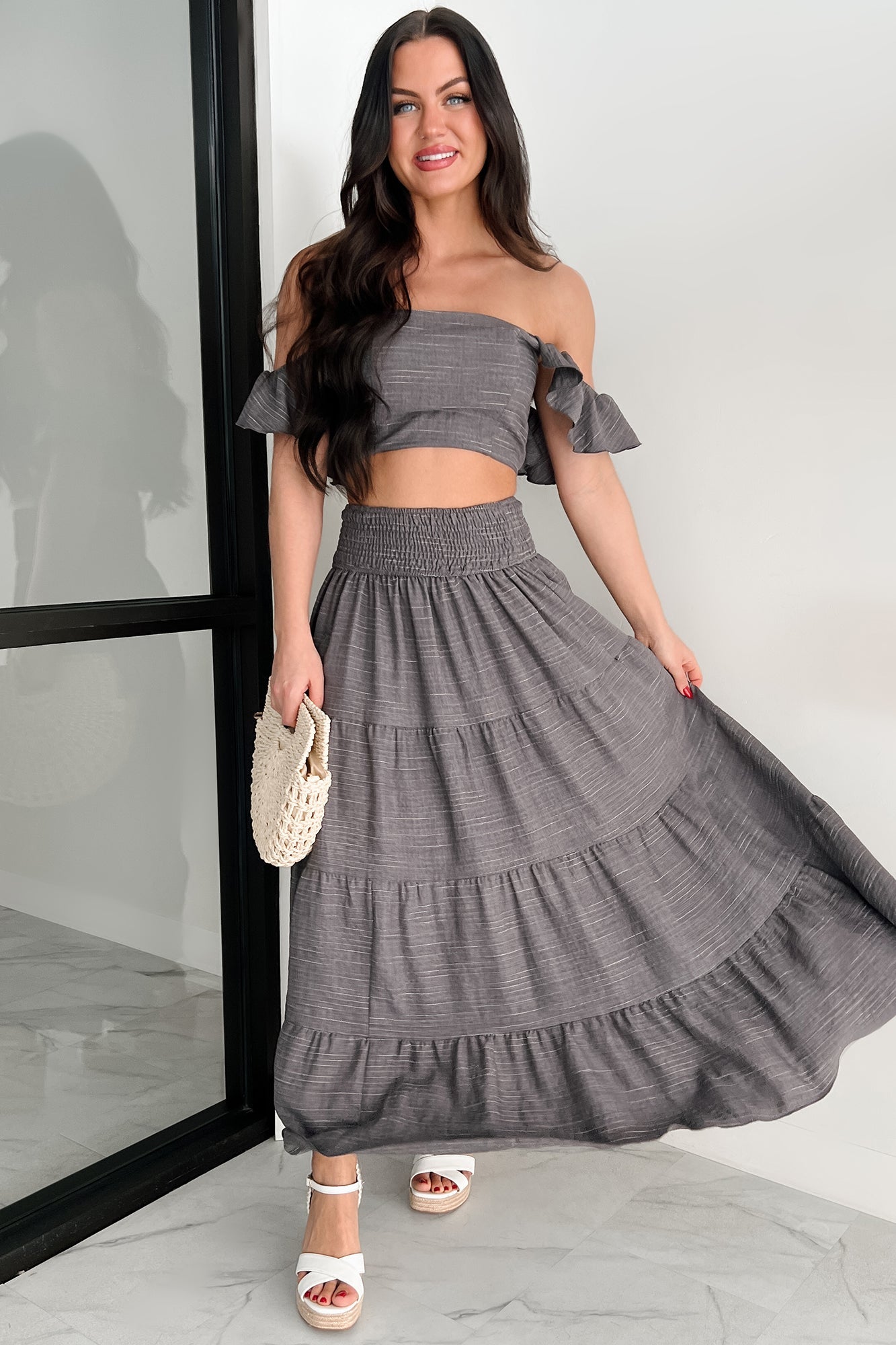 Laugh Till It Hurts Two Piece Ruffle Skirt Set (Charcoal)