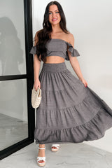 Laugh Till It Hurts Two Piece Ruffle Skirt Set (Charcoal)