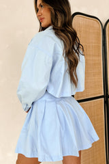 Chrishell Pleated Button-Down & Mini Skirt Set (Light Blue)