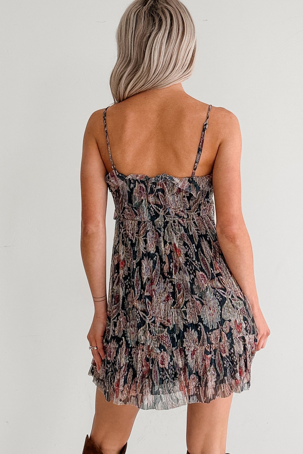 Metallic Floral Plisse Front Tie Mini Dress (Navy Multi)