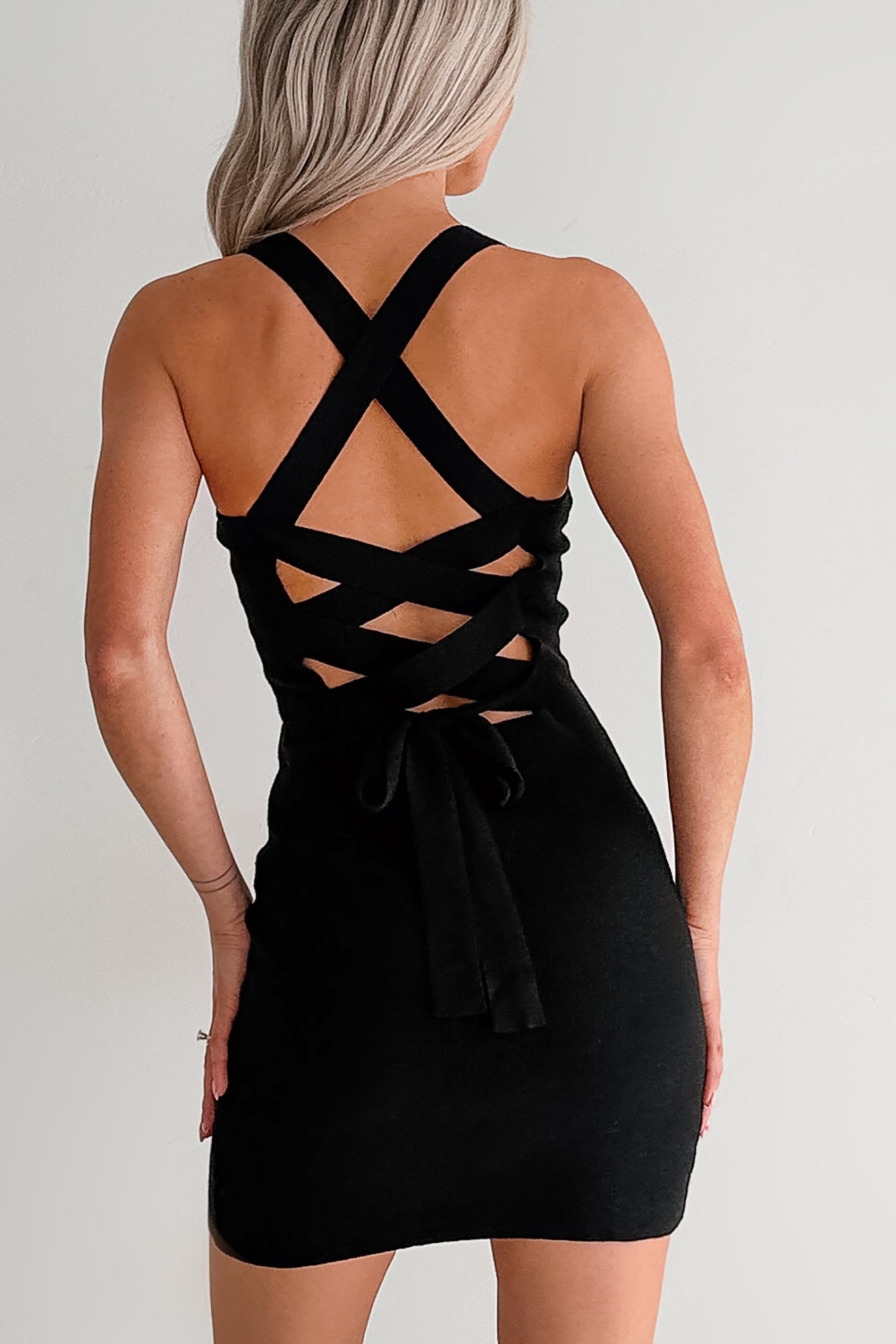 Best Of Luck Criss Cross Back Strap Bodycon Mini Dress (Black)