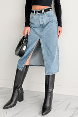 Stay Always Front Slit Midi Skirt (Medium Denim)
