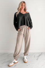 I Won't Mind Charcoal Fleece V-Neck Long Sleeve Top (Charcoal)