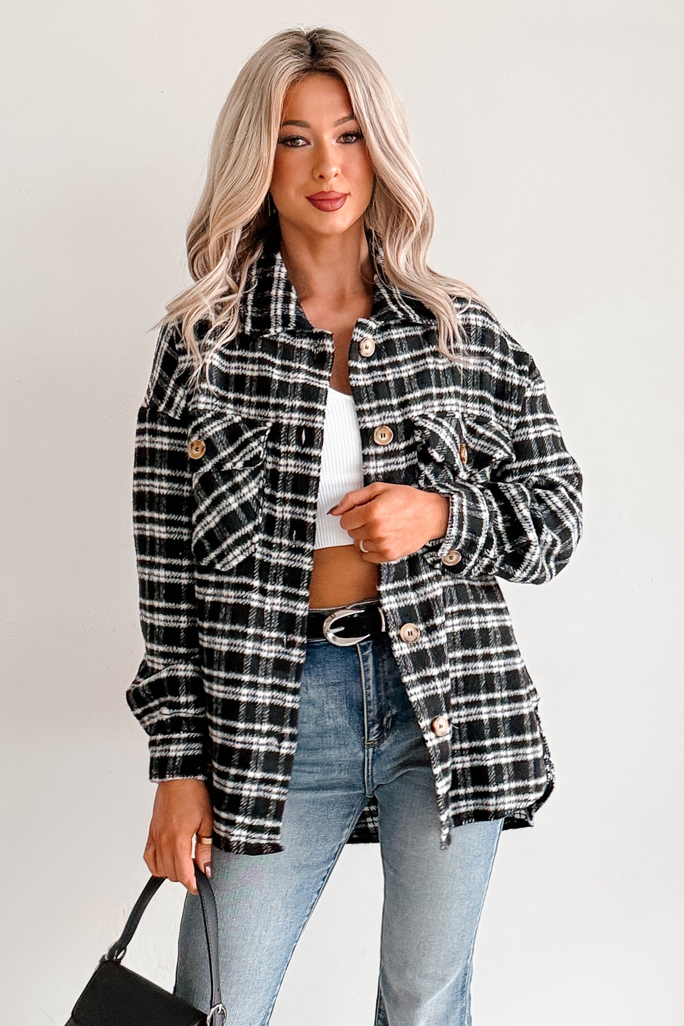 Laid Back Life Plaid Long Sleeve Shacket (Black)