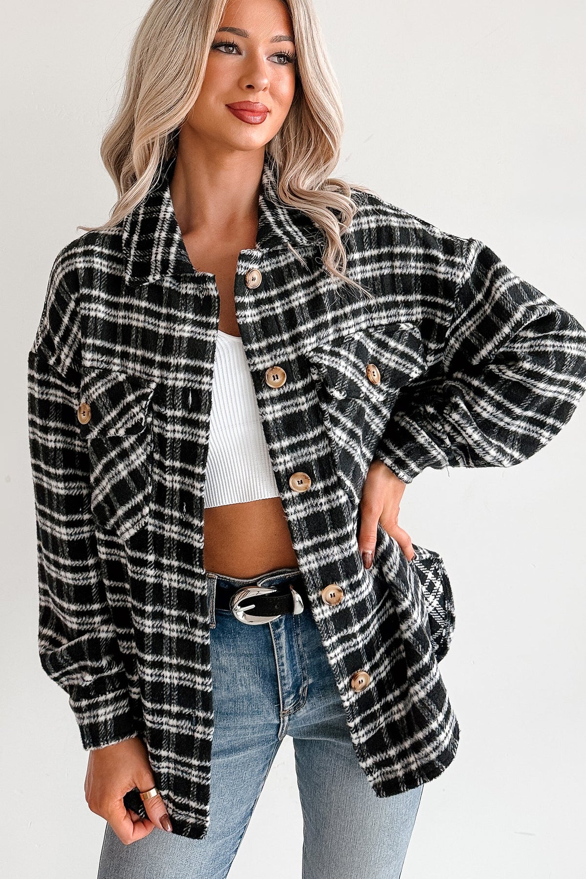 Laid Back Life Plaid Long Sleeve Shacket (Black)