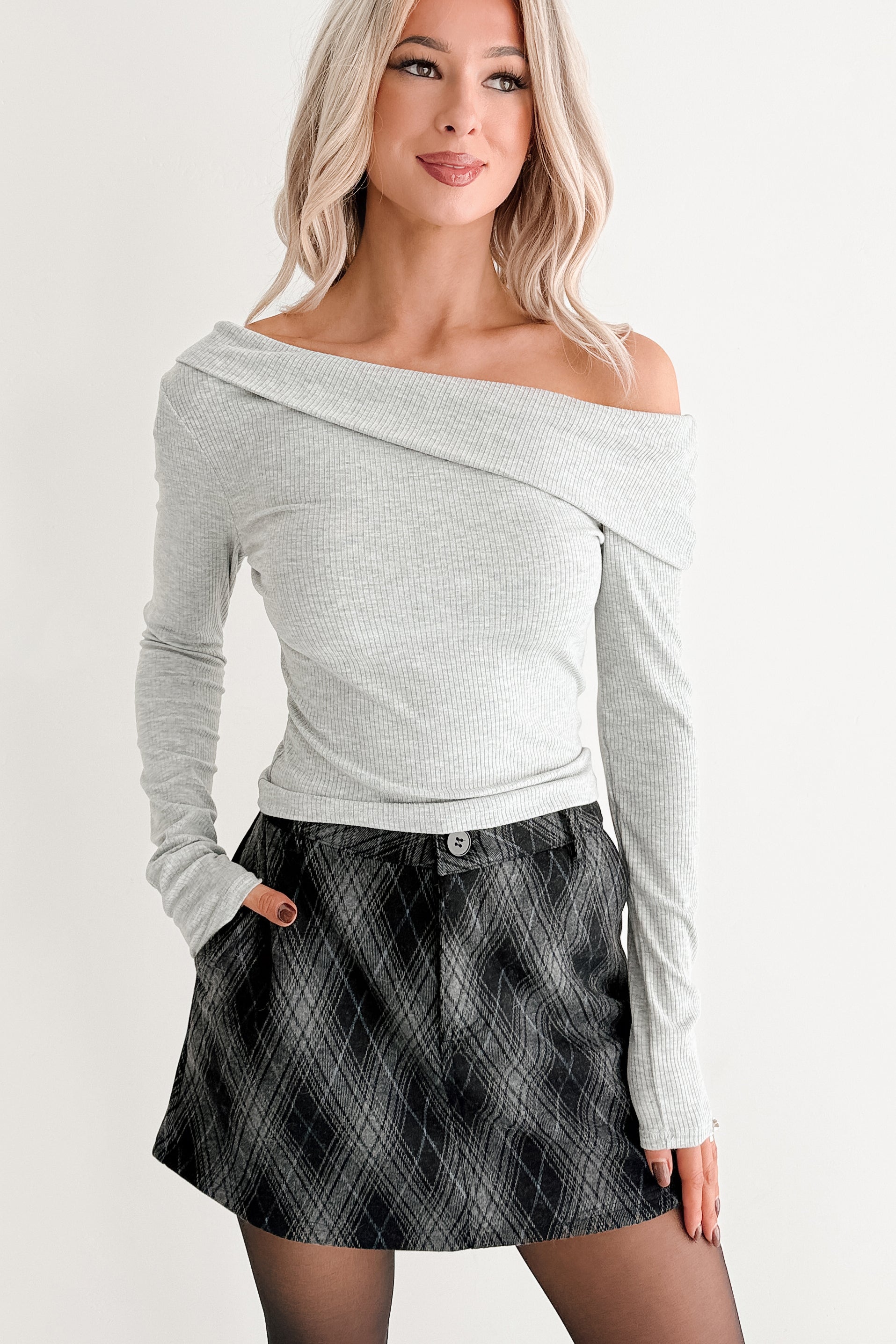 Luxe Basics One Shoulder Ribbed Top (Heather Grey)