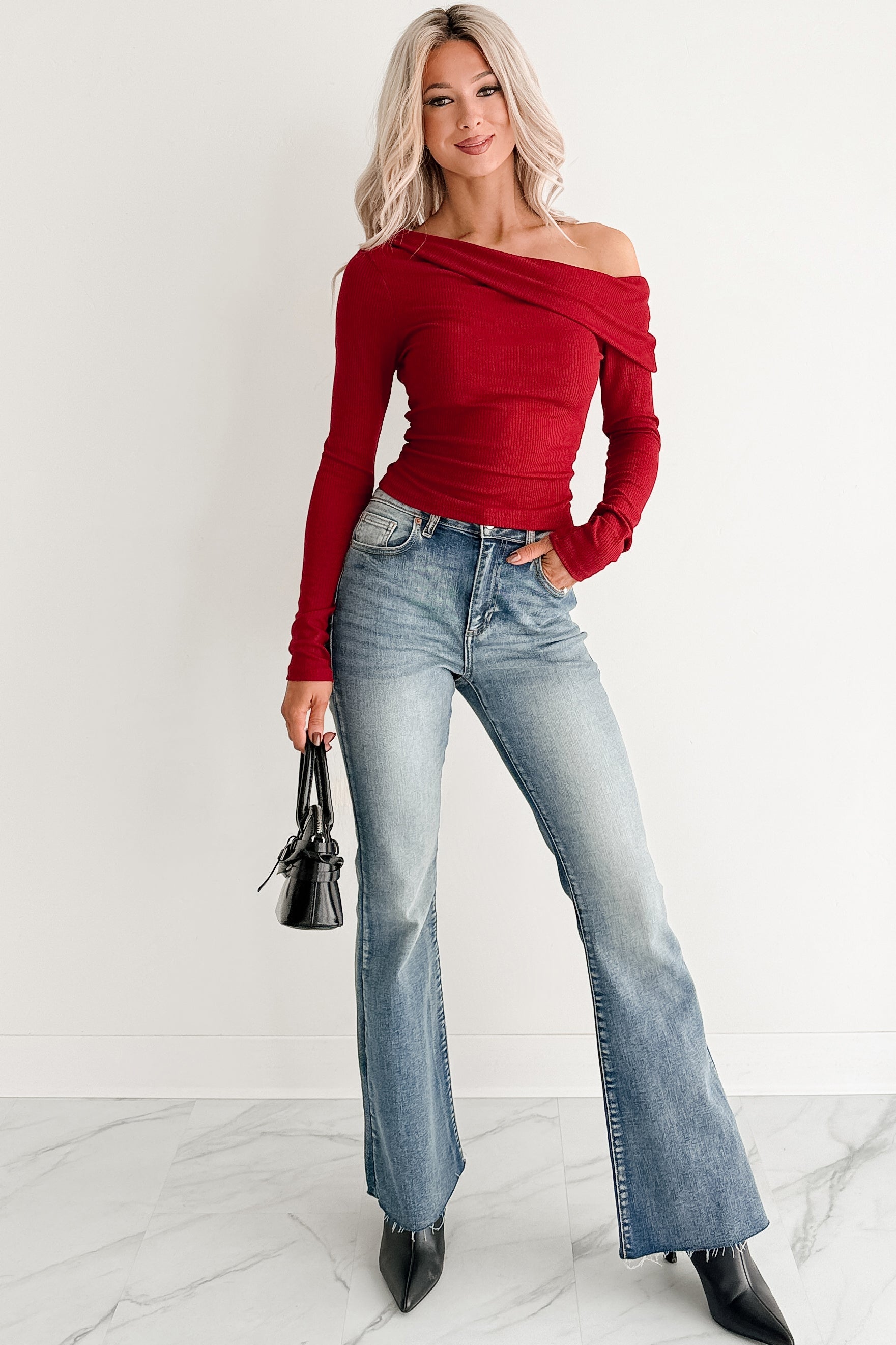 Luxe Basics One Shoulder Ribbed Top (Burgundy)