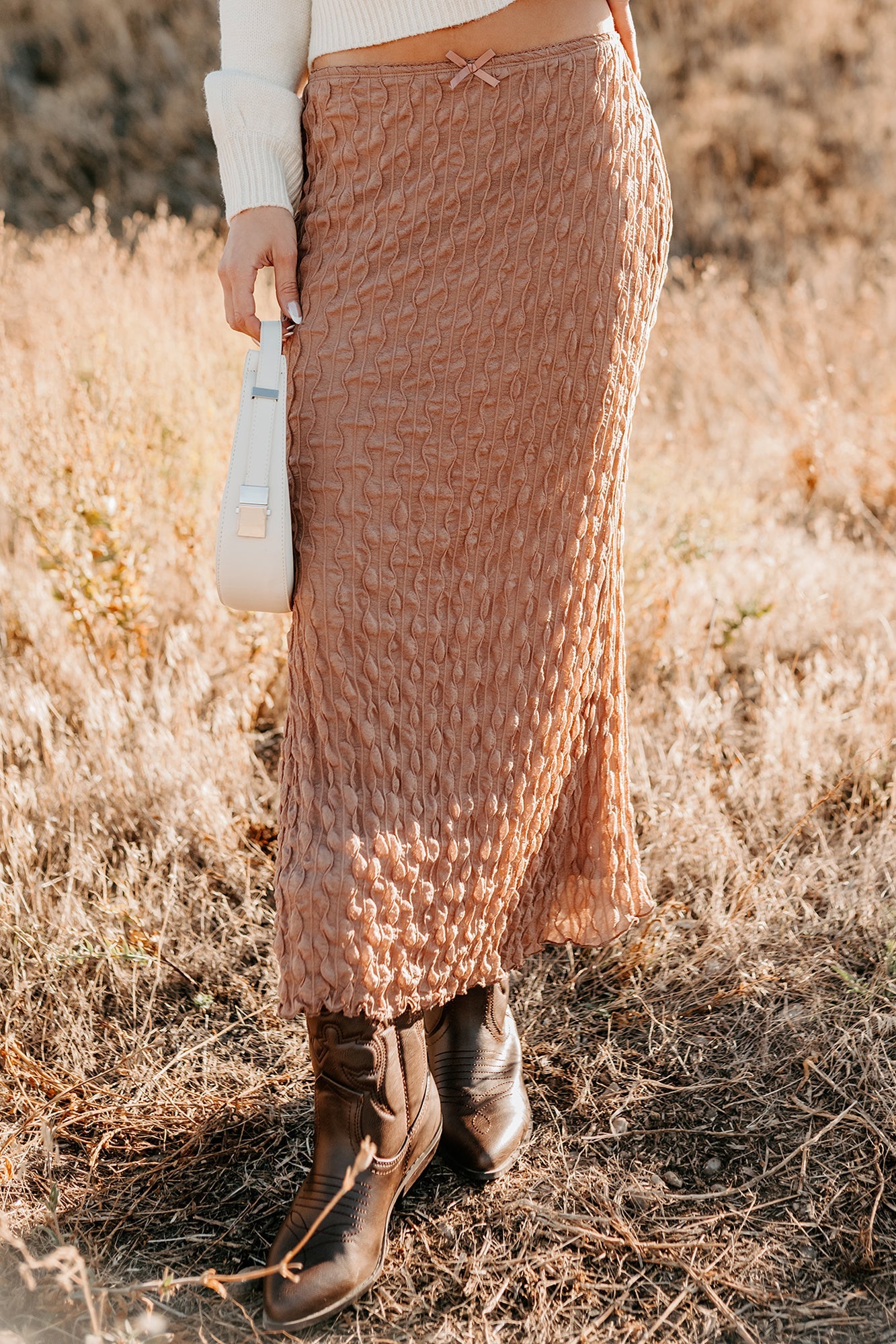 Polished Ease Textured Lace Maxi Skirt (Tan)