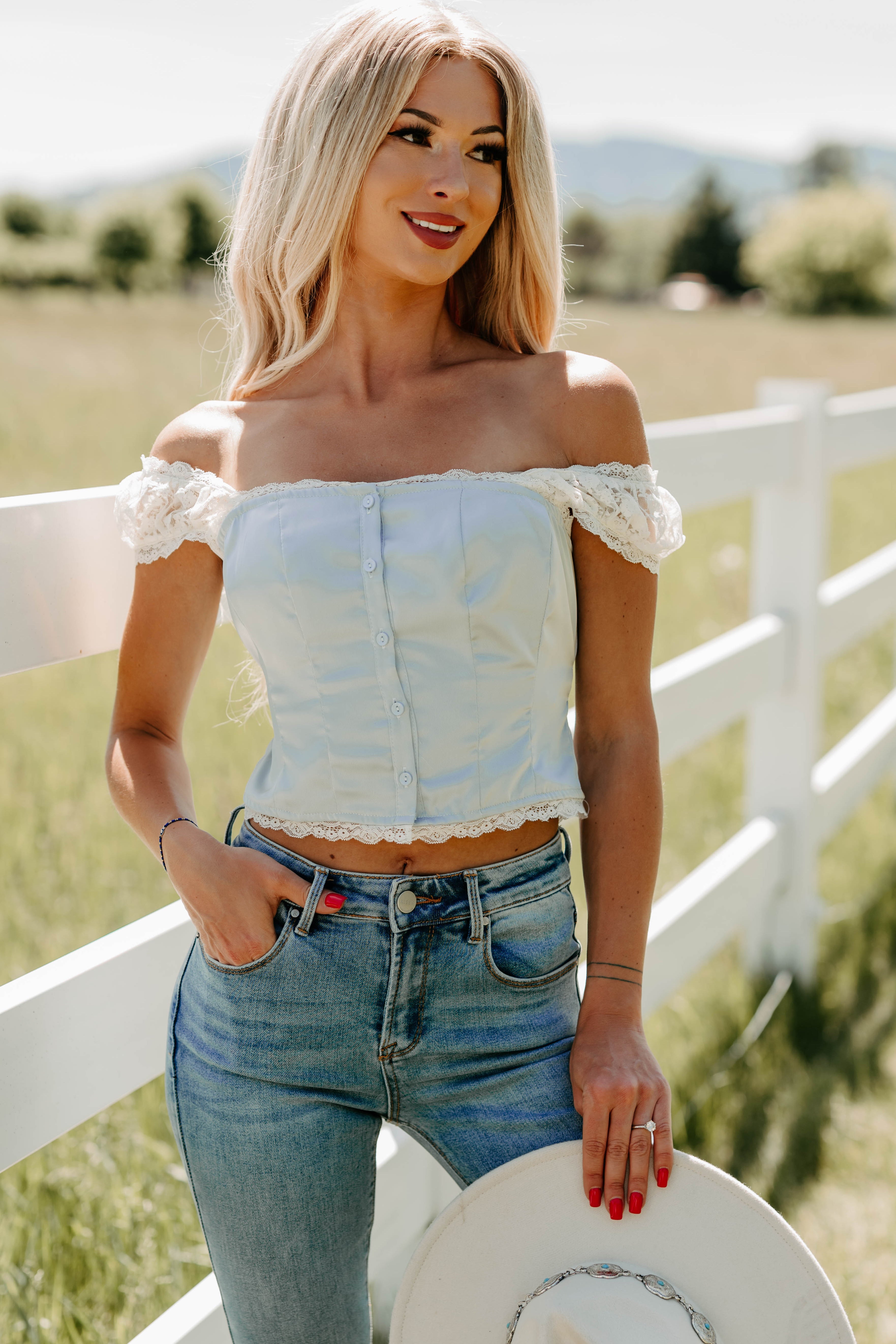 Keep It Cute Satin Lace Crop Top (Dusty Blue)
