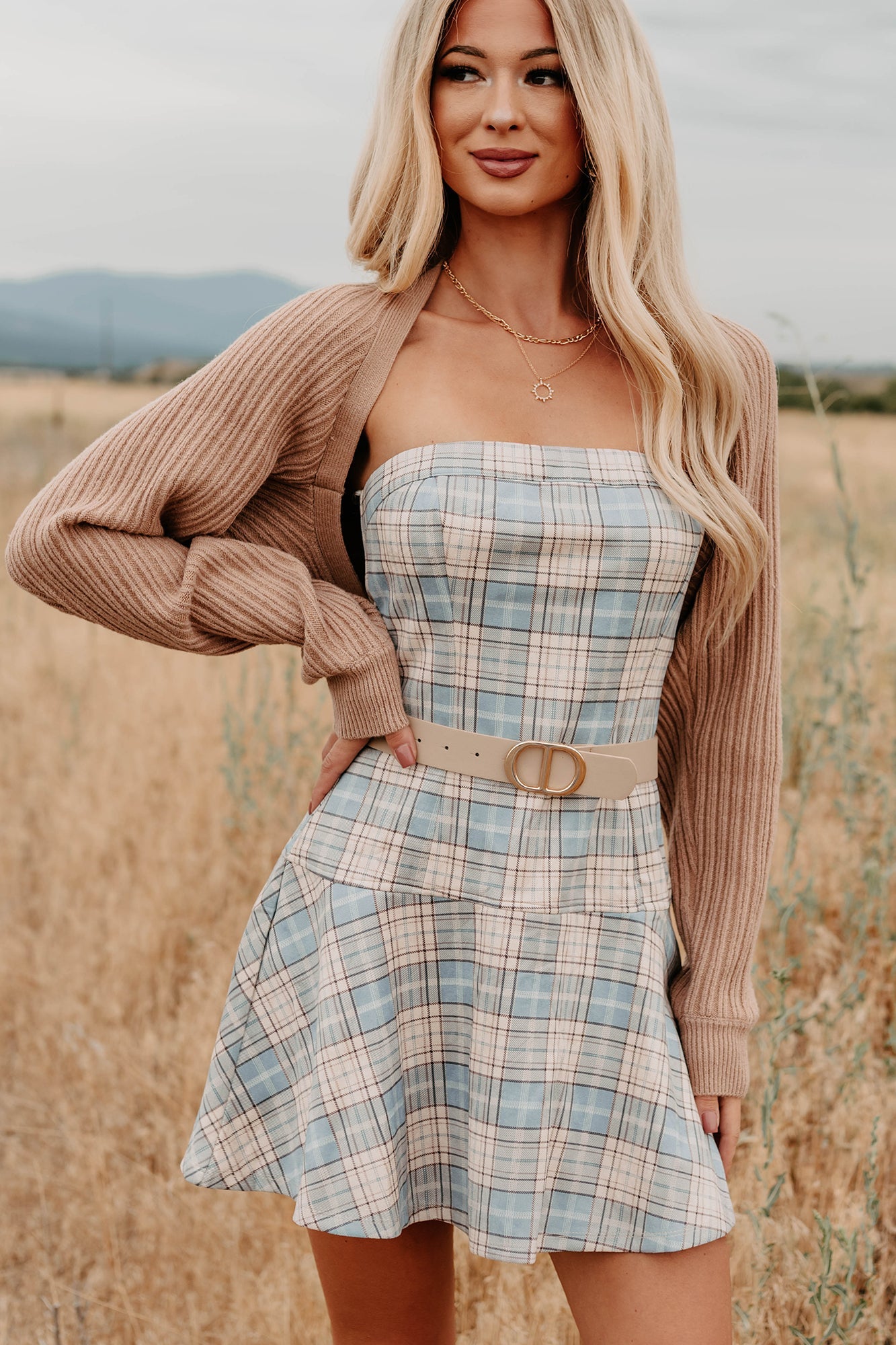 Hold Me Here Strapless Plaid Mini Dress (Light Blue)