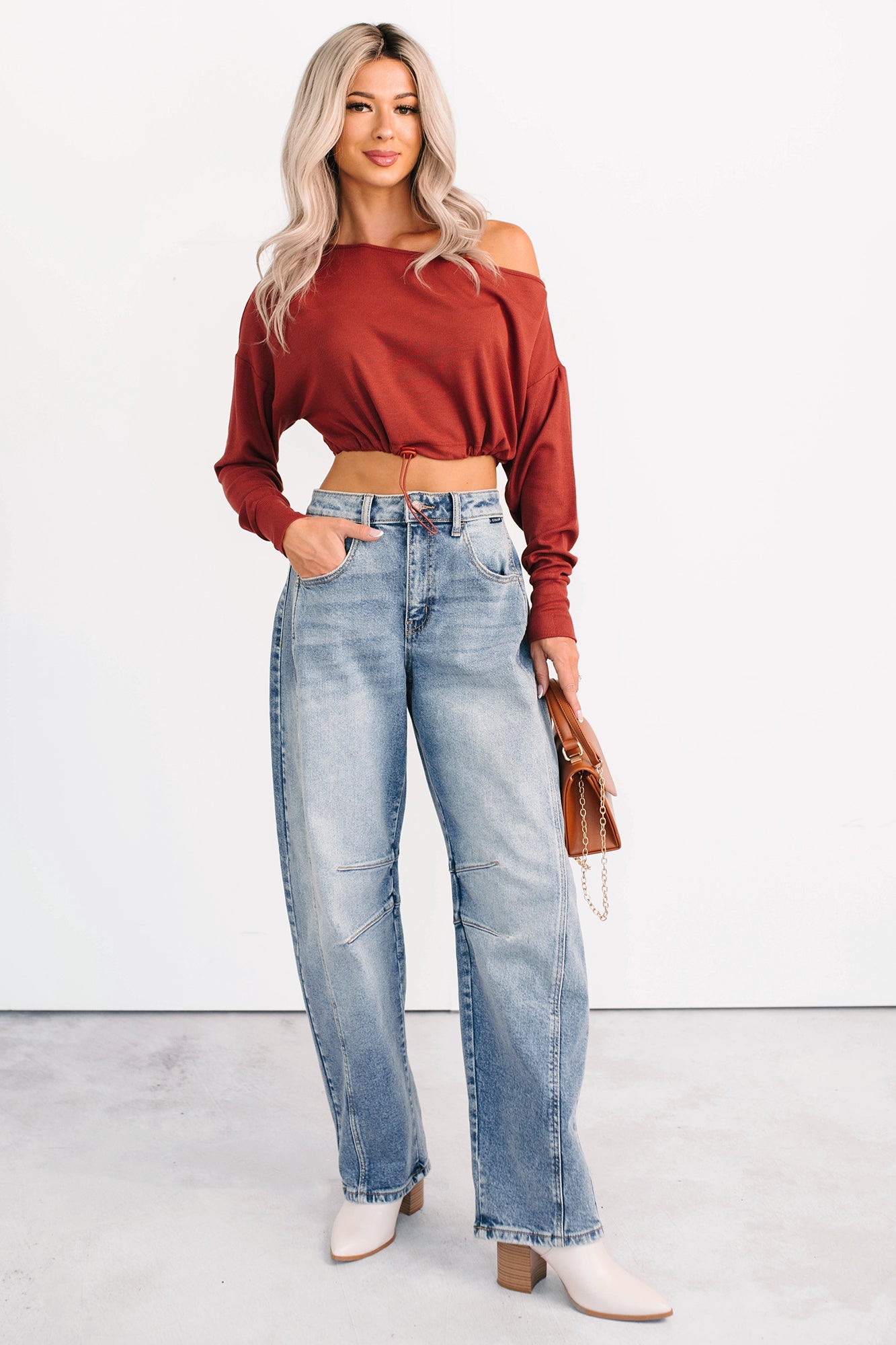 Glow Up Goals Ribbed Off The Shoulder Crop Top (Brick Red)