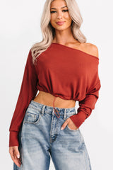 Glow Up Goals Ribbed Off The Shoulder Crop Top (Brick Red)