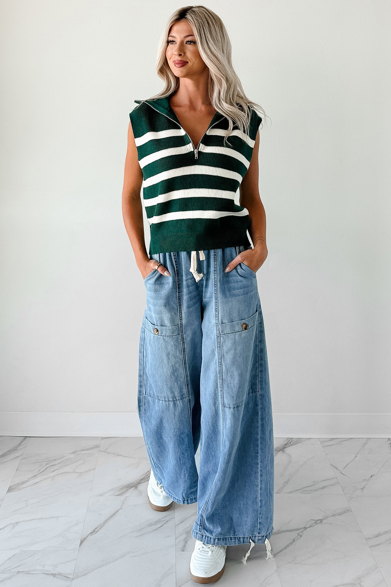 Daily Joys Striped Half-Zip Sweater Vest (Green/Cream)