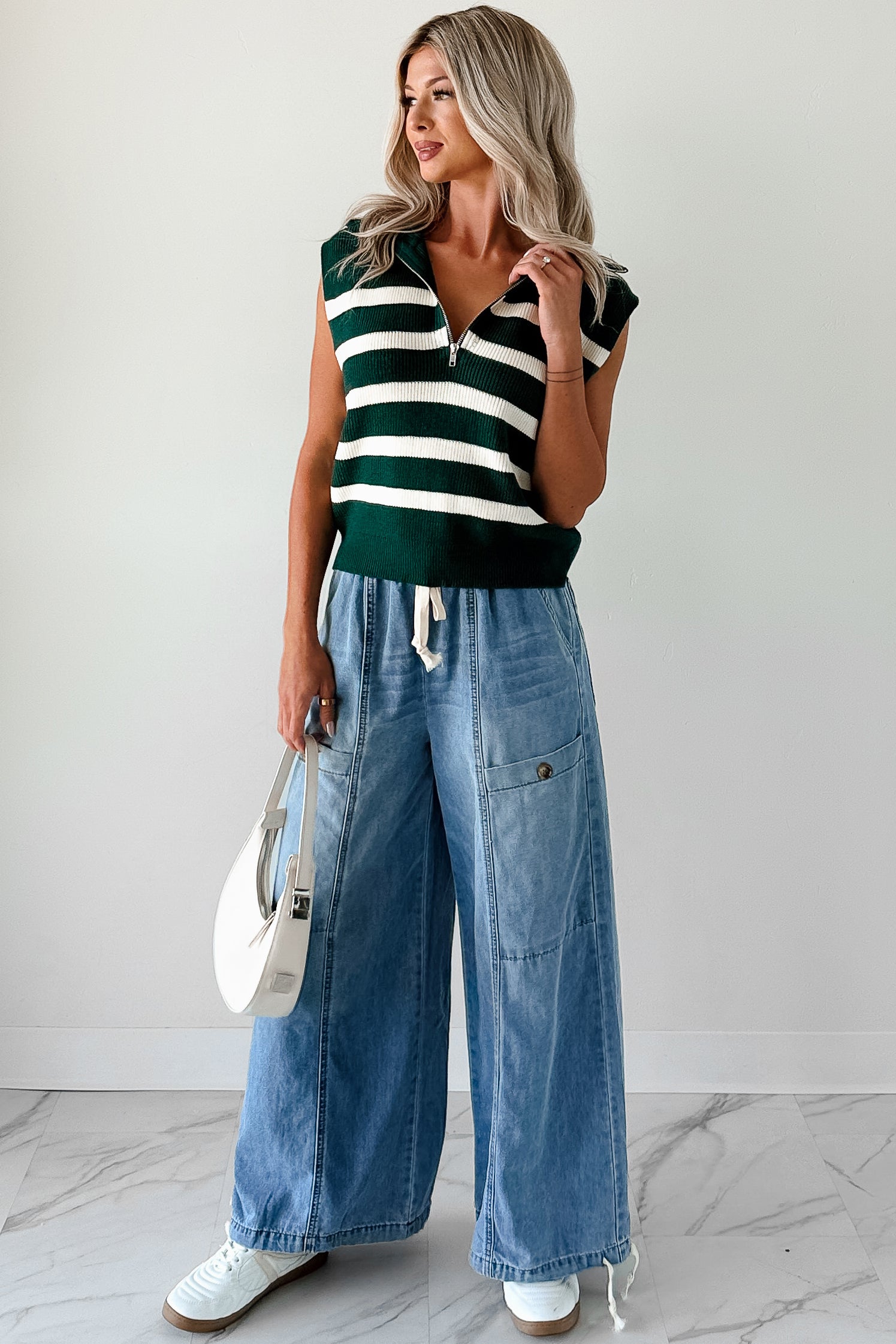 Daily Joys Striped Half-Zip Sweater Vest (Green/Cream)