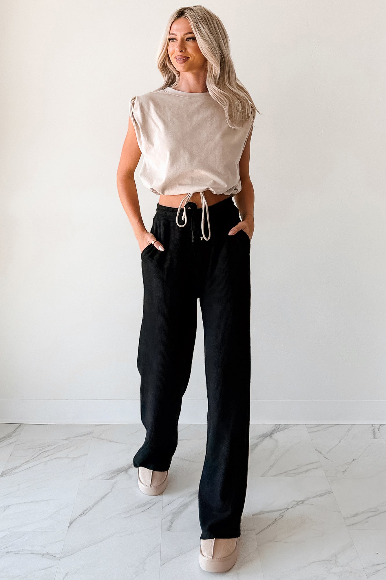 Beyond Horizons Waffle Knit Wide Leg Pants (Black)