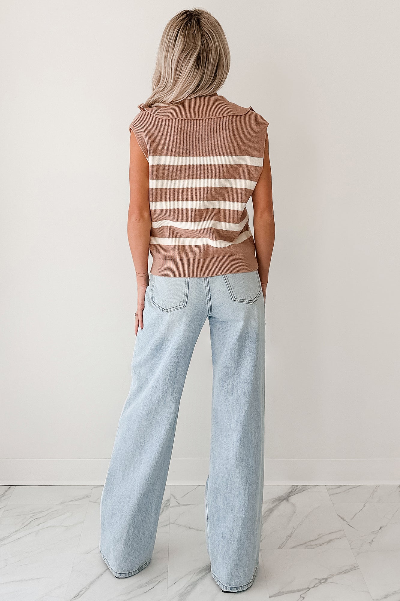 Daily Joys Striped Half-Zip Sweater Vest (Taupe/Cream)