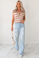Daily Joys Striped Half-Zip Sweater Vest (Taupe/Cream)