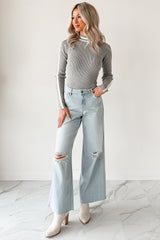 It Just Clicks Striped Mock Neck Bodysuit (H.Grey/White)