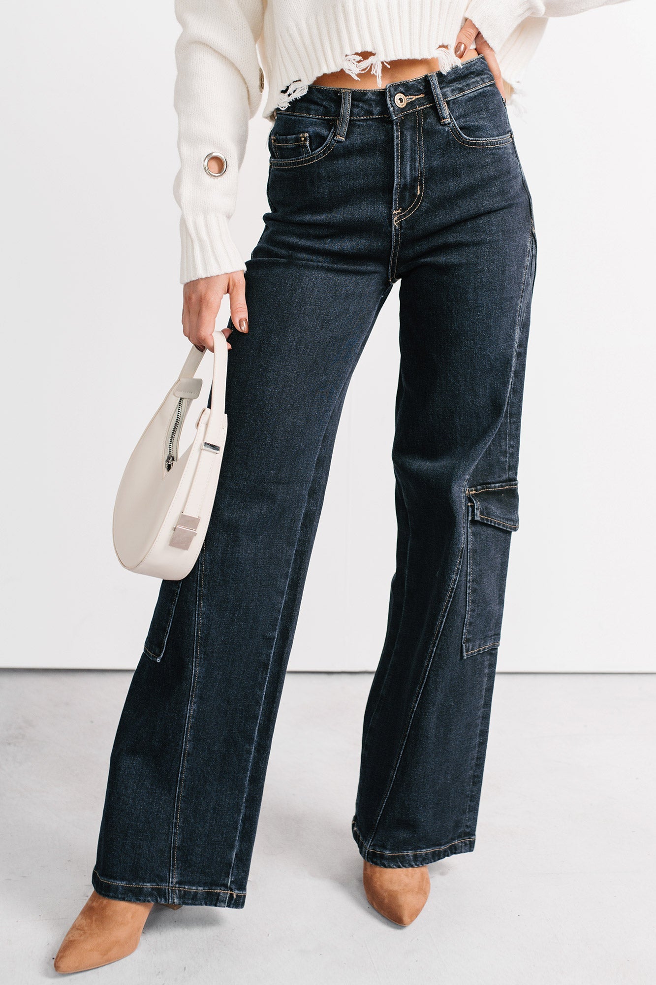 Crosby Wide Leg Mica Denim Cargo Jeans (Dark Wash)