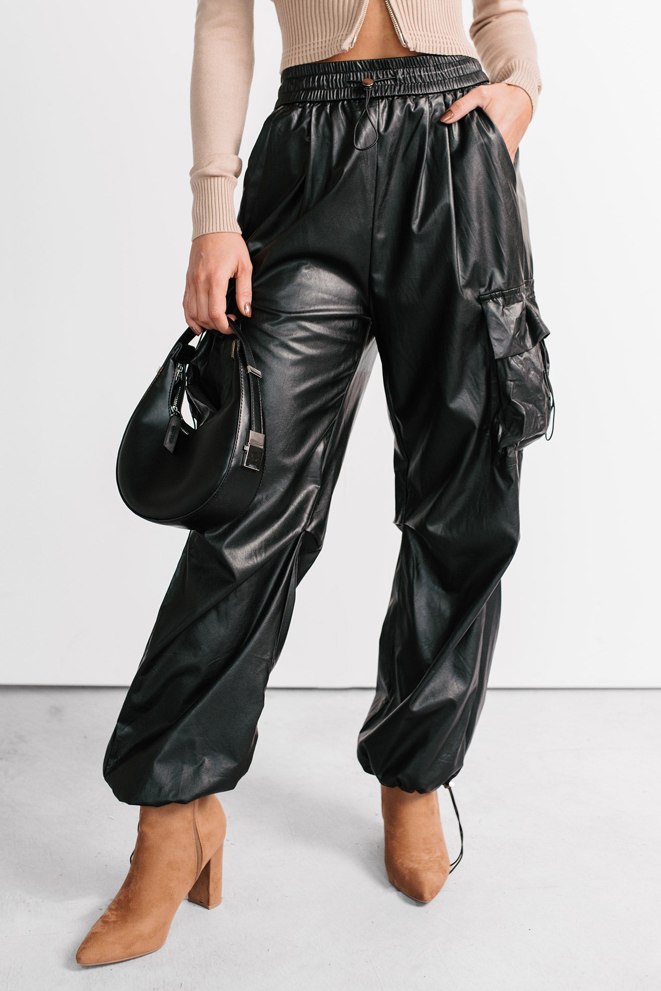 Don't Be Shy Faux Leather Cargo Pants (Black)