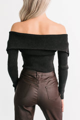 Sweet Spell Off The Shoulder Zip-Up Sweater (Black)