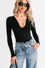 Regal Routine Long Sleeve Plunging Bodysuit (Black)