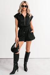 Stay Watching Textured Zip-Up Romper (Black)