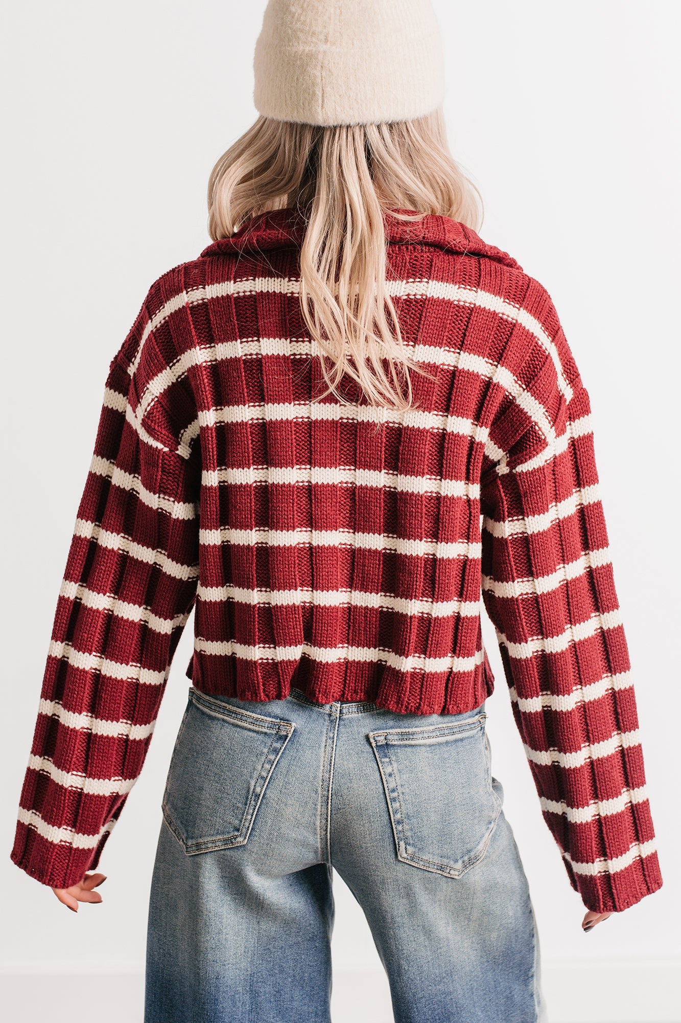 Calm Assurance Striped Zip-Up Sweater Jacket (Wine)