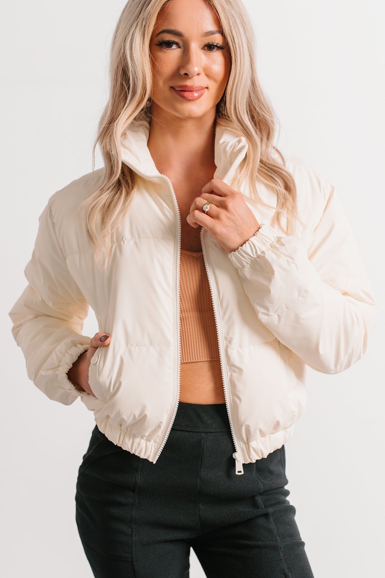 Night Shift Mock Turtleneck Zip-Up Puffer Jacket (Off-White)