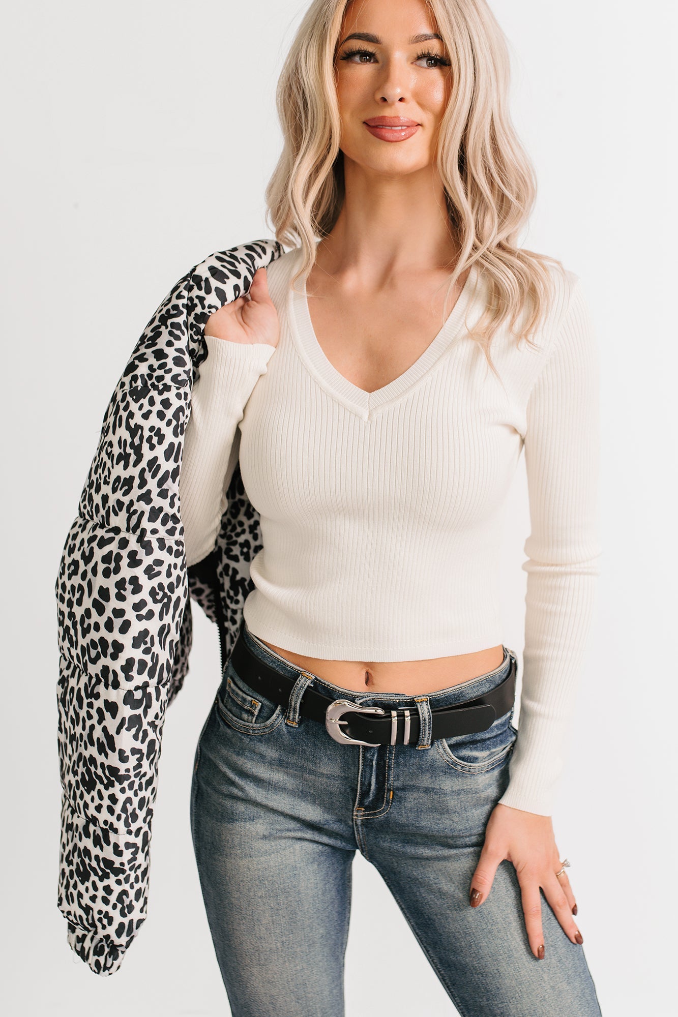 Born Sweet V Neck Ribbed Knit Top (Cream)