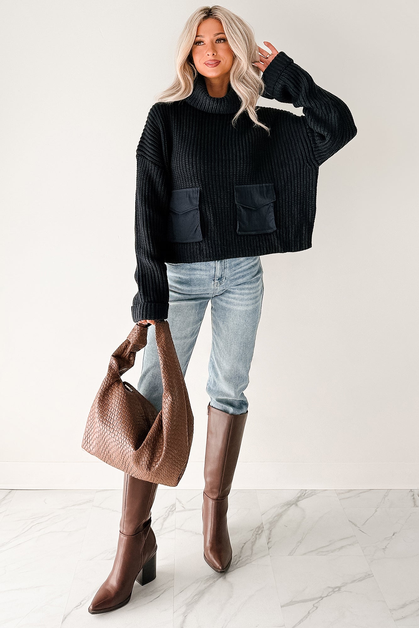 Tell Me Everything Cowl Neck Cargo Sweater (Dark Navy)