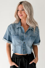 Out & About Short Sleeve Denim Crop Top (Medium)