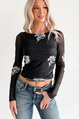 Call Me Up Floral Print Long Sleeve Mesh Top (Black)