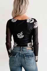 Call Me Up Floral Print Long Sleeve Mesh Top (Black)