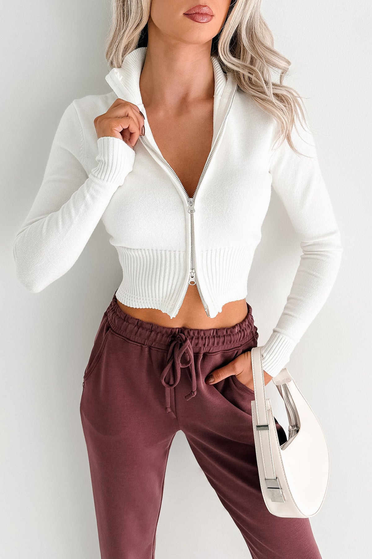 Preferred Taste Mock Neck Zip-Up Sweater (Ivory)