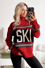Ski You Later Graphic Mock Neck Sweater (Red)