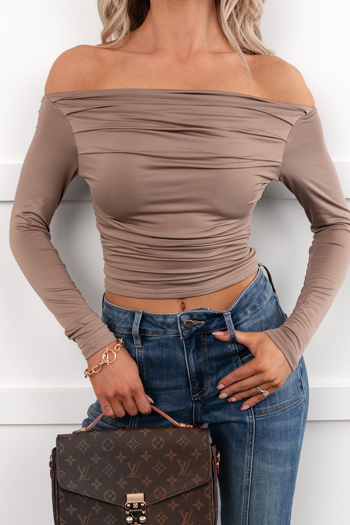 Rosy Reality Boat Neck Long Sleeve Crop Top (Taupe)