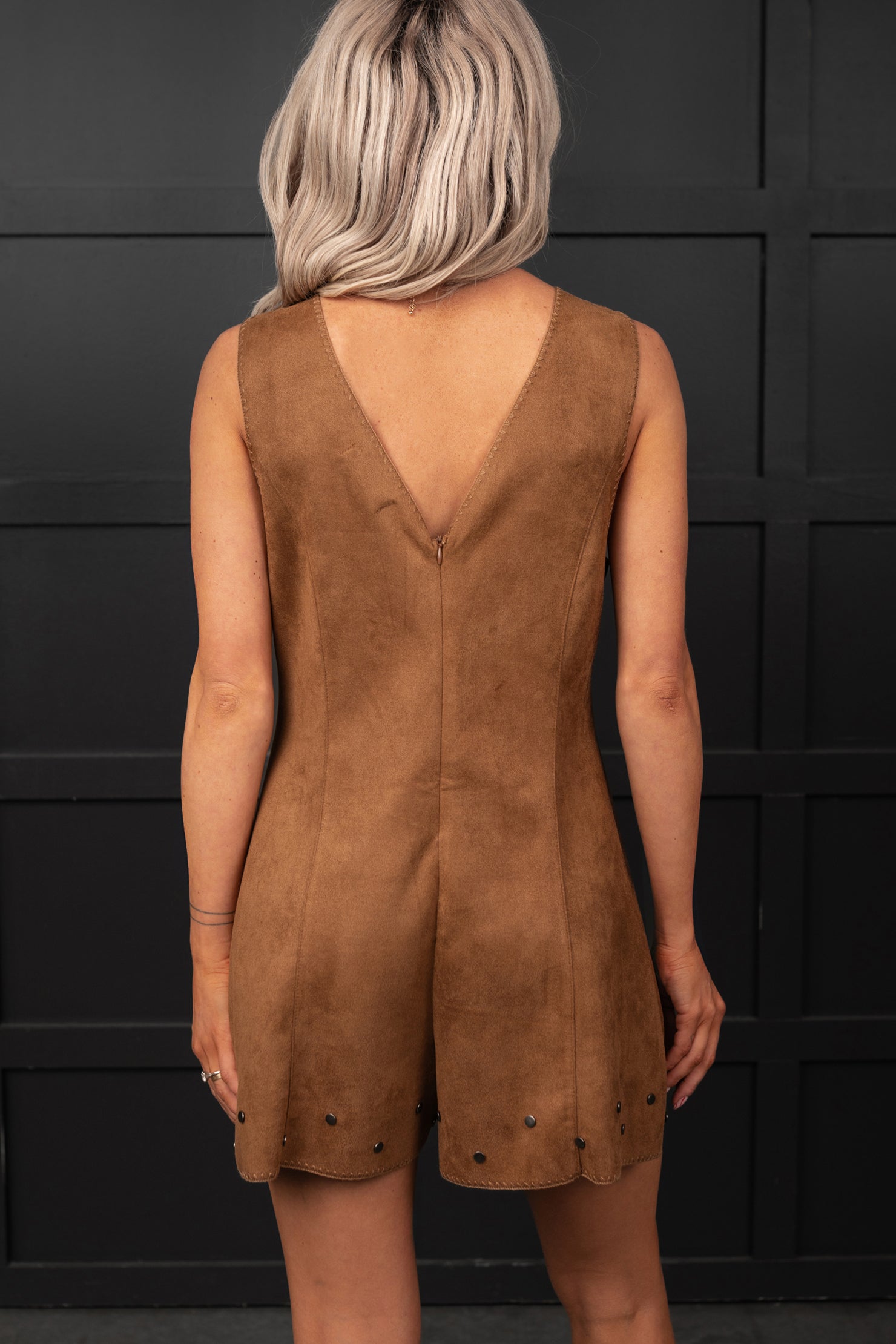Let It Be Faux Suede Lace-Up Romper (Camel)