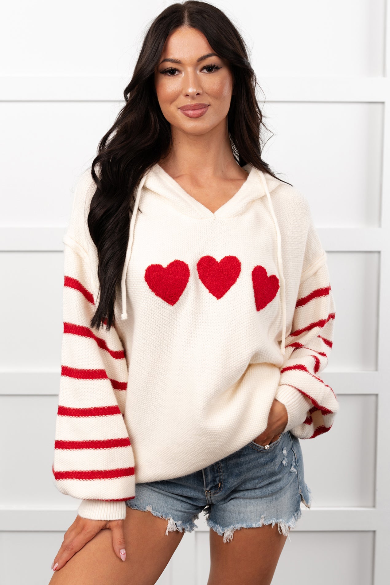 Love At Home Heart Striped Knit Hoodie (Ivory)