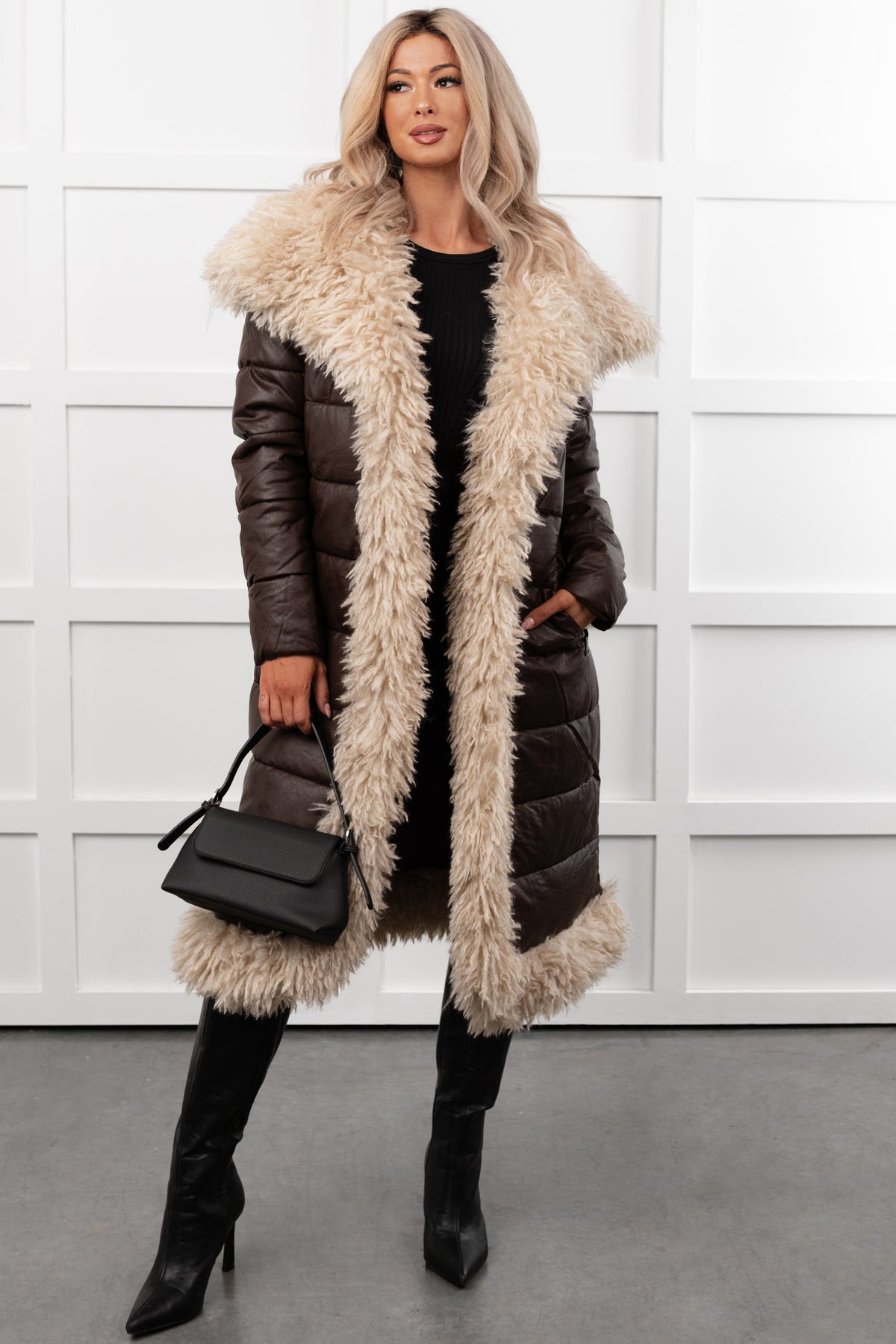 Fashioned Right Faux Fur Trim Puffer Coat (Coffee)