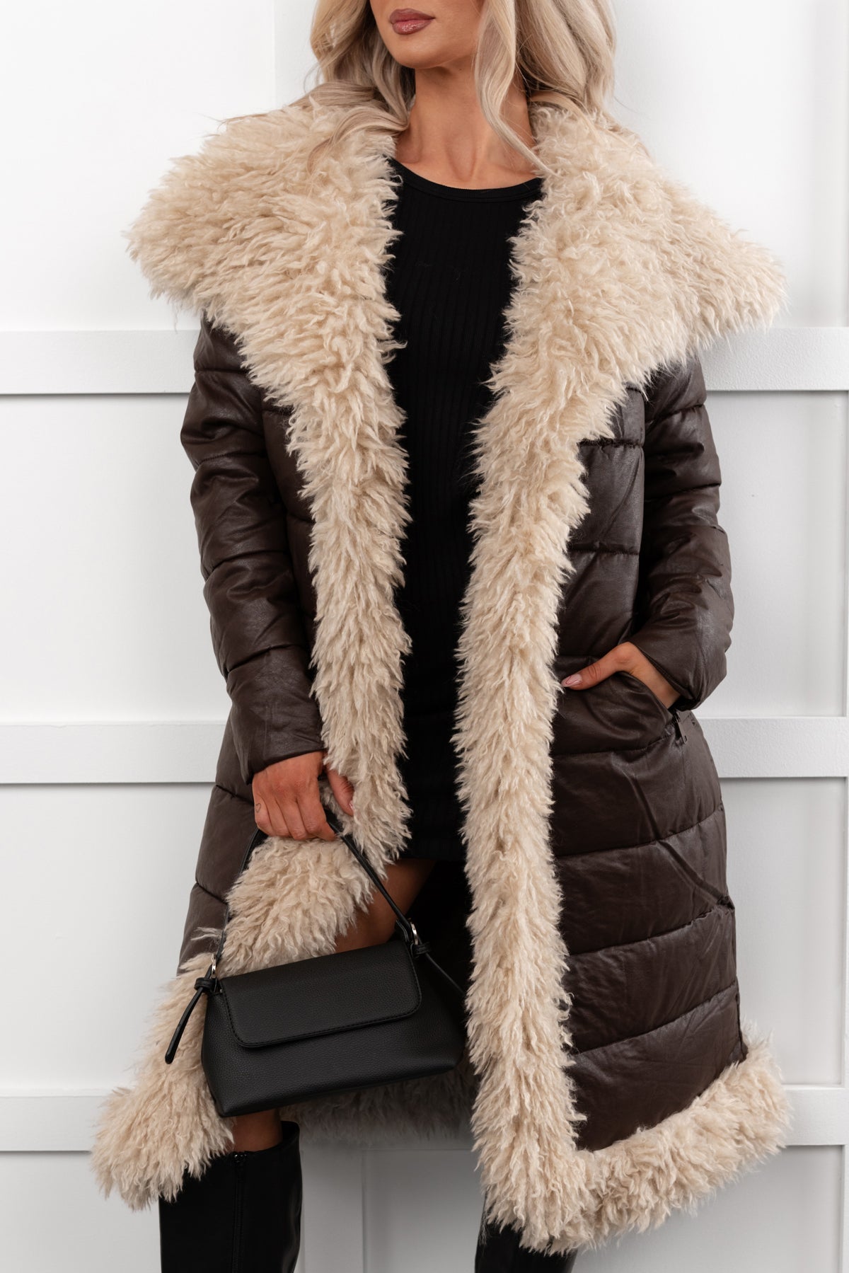 Fashioned Right Faux Fur Trim Puffer Coat (Coffee)