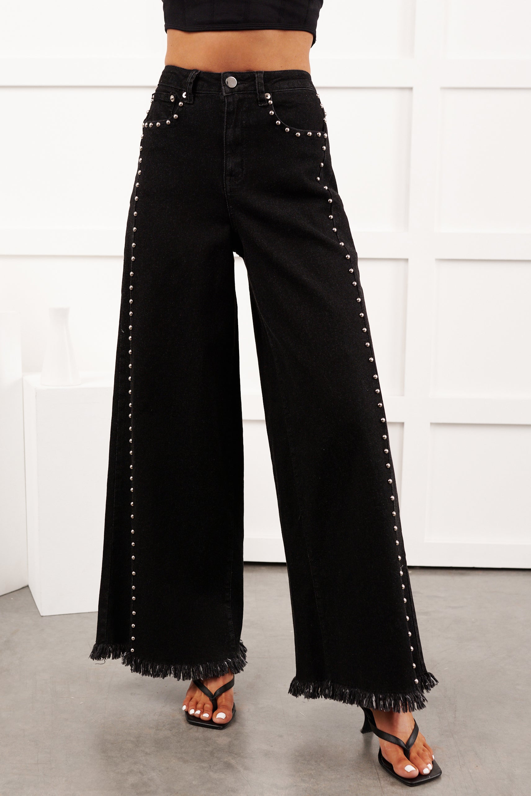 Galvan Wide Leg Studded Camellia Jeans (Black Wash)