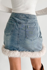 Charm Season Faux Fur Trim Mini Skirt (Denim Blue)