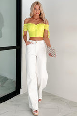 Sly Glances Off The Shoulder Hook-Front Crop Top (Citrus Green)