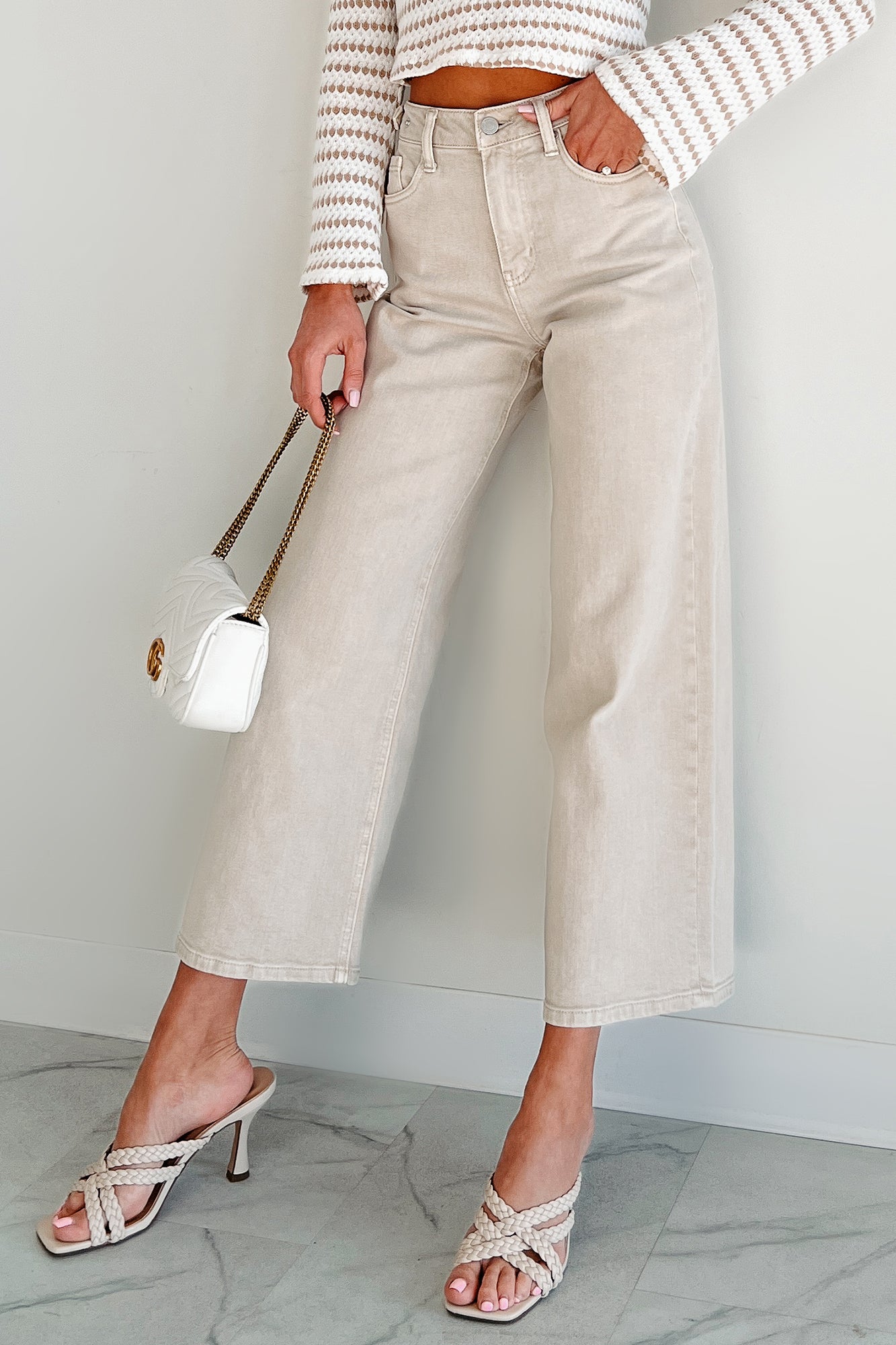 Caruso High Rise Wide Leg Kancan Crop Jeans (Taupe)