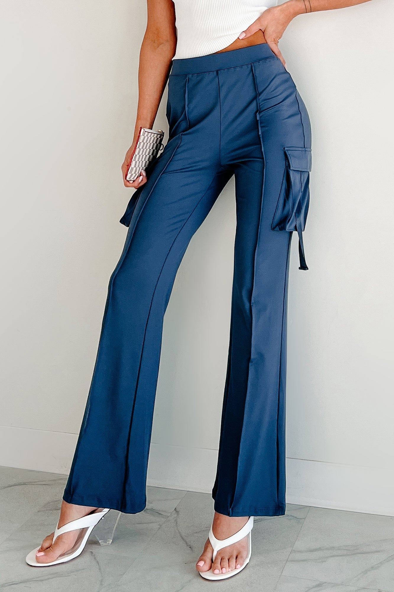 Easy Does It High Rise Cargo Bootcut Leggings (Blue)