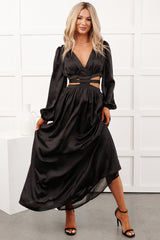 Pure Glamour Long Sleeve Satin Maxi Dress (Black)